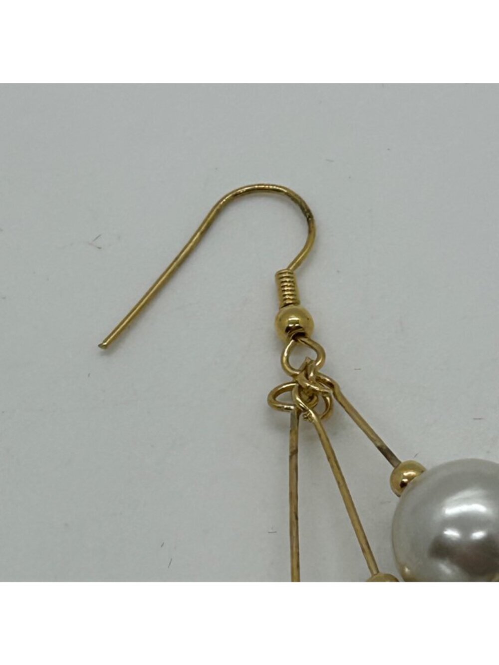 Vintage Gold--tone Faux Pearl Dangle Earrings With Leaf Charms Statement 3.25 in - Picture 9 of 14